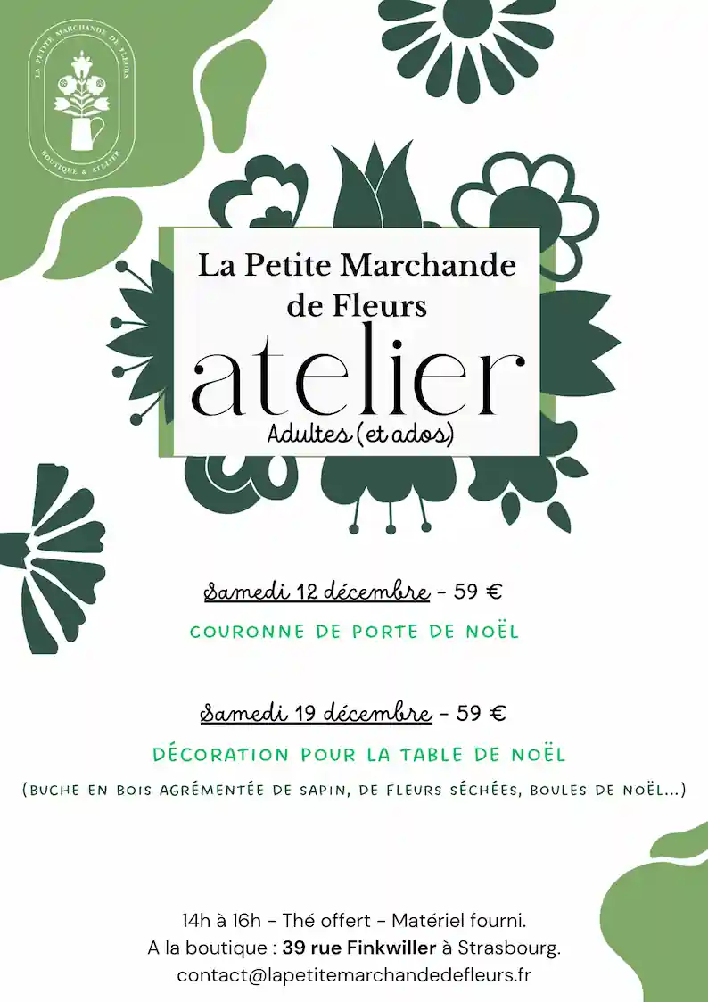 Ateliers créatifs Strasbourg - La Petite Marchande de Fleurs - Décembre 2026 Ateliers de décoration de Noël