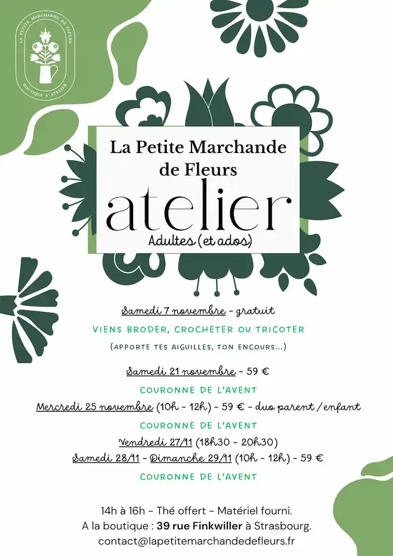 Ateliers créatifs Strasbourg - La Petite Marchande de Fleurs - Novembre 2026 Atelier de fleurs pour adultes et ados