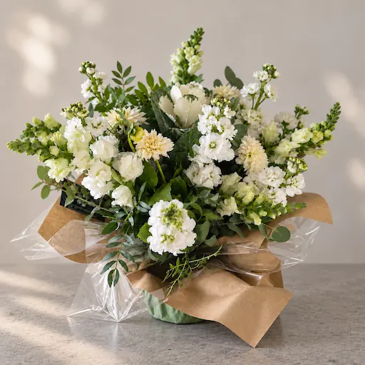 Composition florale de deuil blanche et verte réalisée par La Petite Marchande de Fleurs à Strasbourg