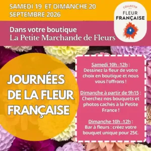 Affiche des Journées de la Fleur Française, les 19 et 20 septembre 2026 à Strasbourg : dessin, chasse aux bouquets et bar à fleurs.