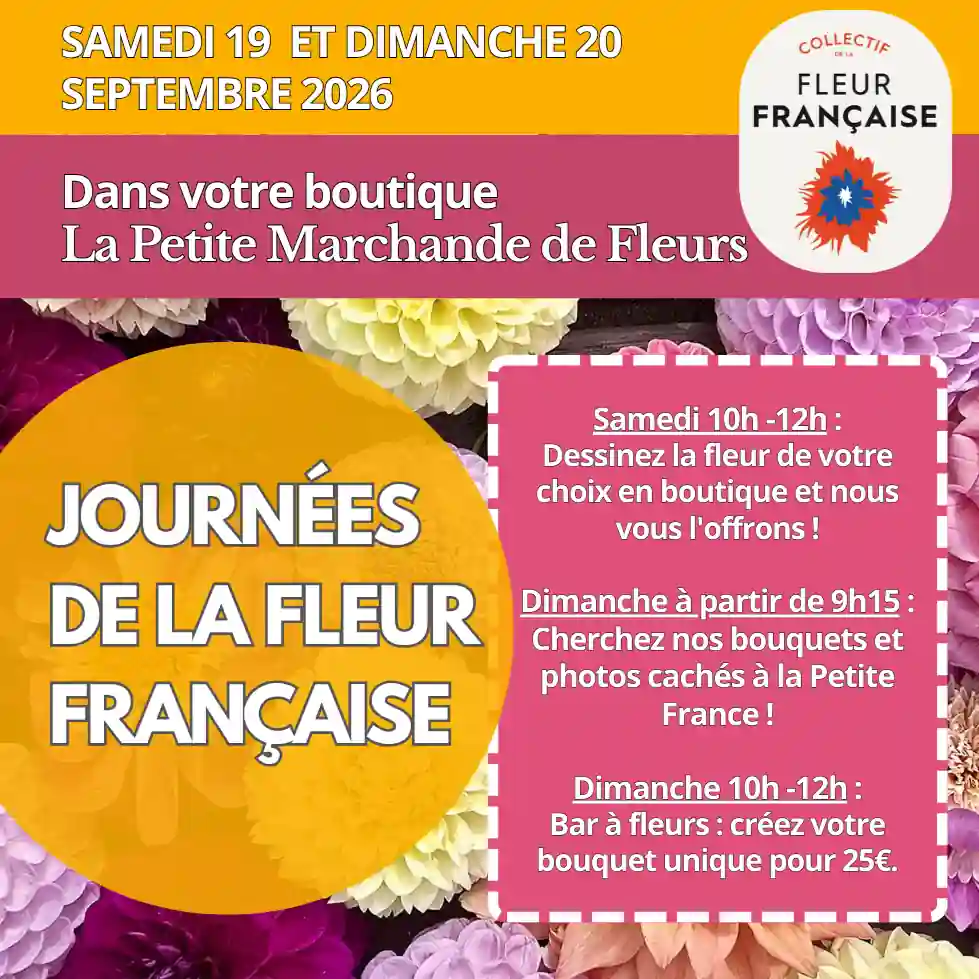 Affiche des Journées de la Fleur Française, les 19 et 20 septembre 2026 à Strasbourg : dessin, chasse aux bouquets et bar à fleurs.